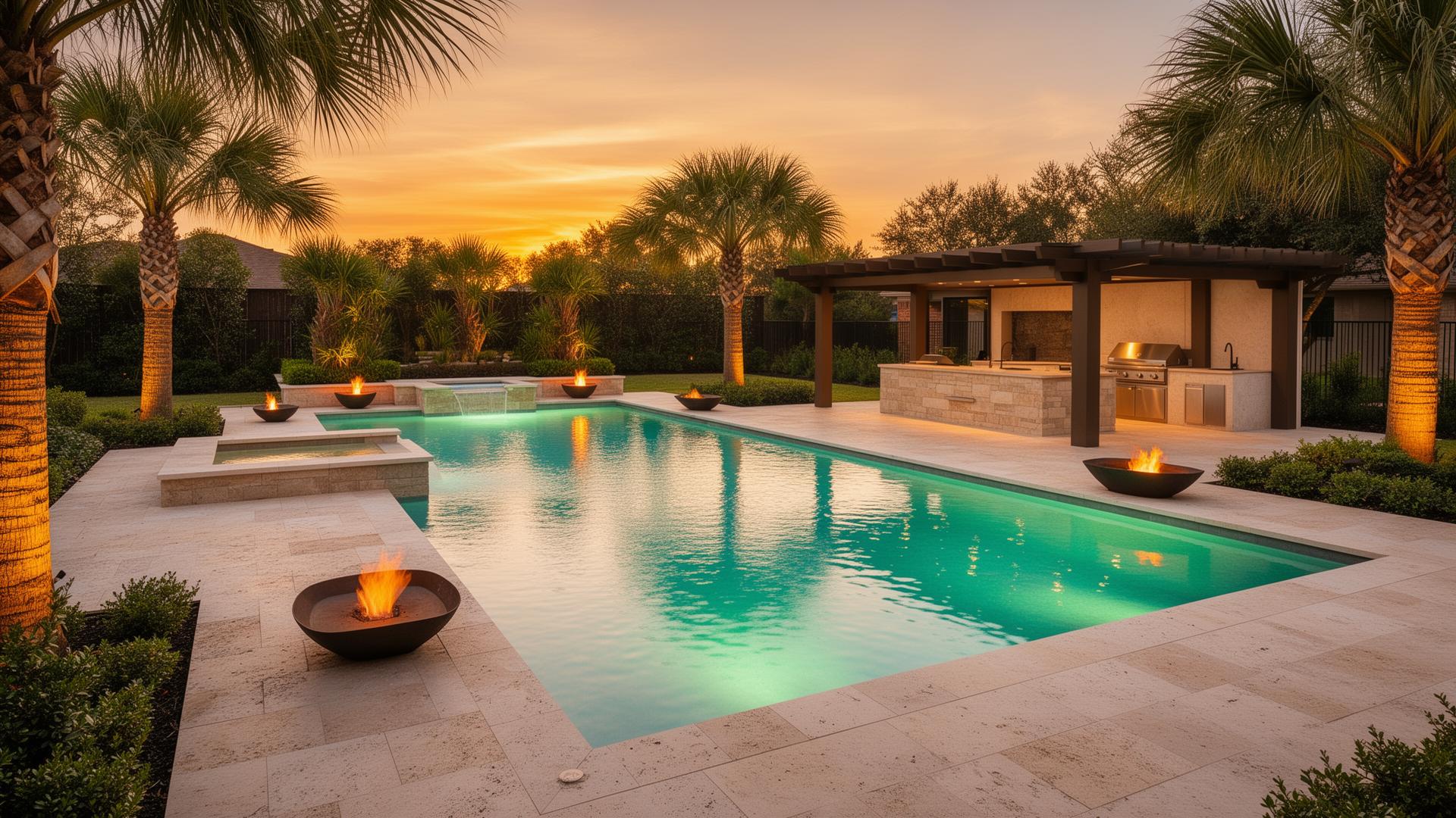 Luxury custom gunite pool in Houston, TX with travertine decking and outdoor kitchen at sunset